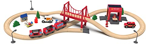 Leomark Jeu de Train Circuit Train en Bois avec équipe de Secours + Locomotive commandée Jeu de Construction
