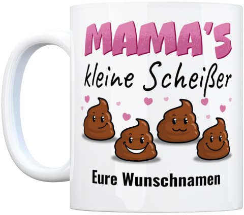 Mamas kleine Scheißer Kackhaufen Tasse - personalisiert mit Namen der Kinder - Kaffeebecher zum Muttertag von Sohn und Tochter für die beste Mama oder Oma von 1-4 Kindern persönliche Überraschung