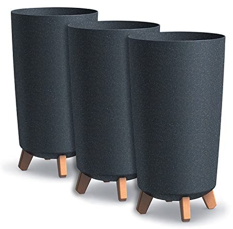 IMJ-Global Set di 3 Vasi per Fiori Piante Tondi Gracia Tubus Slim ECO WOOD In Plastica e 33% Legno Ø23,9x44,5cm Da Interno Esterno Neri Volume 19 Litri Design Moderni