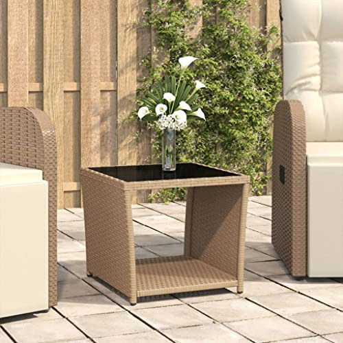 FIRBNUS 45x45x40 cm Garten Beistelltisch mit Glasplatte Couchtisch Balkontisch Terrassentisch Gartentisch Kaffeetisch Esstisch Beige Teetisch Wasserbeständiges Poly Rattan und Hartglas