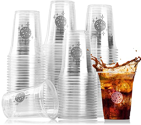100 Pack Disco Party Plastic Cups Disco Ball Disposable Clear Cups 12 oz Drinking Cups Bulk for 70s 80s Disco Dance Party Supplies Wedding Bachelorette Drinkware Decorations