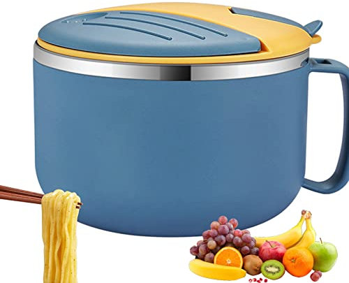 FIYSON Ramen Schüssel, 1300mL, Instant nudel schüssel, nudelschüssel, Edelstahl Ramen Instant nudeln bowl Suppenschale, ramen schüssel set mit deckel, instant nudeln cup, instant nudeln topf (Blau)