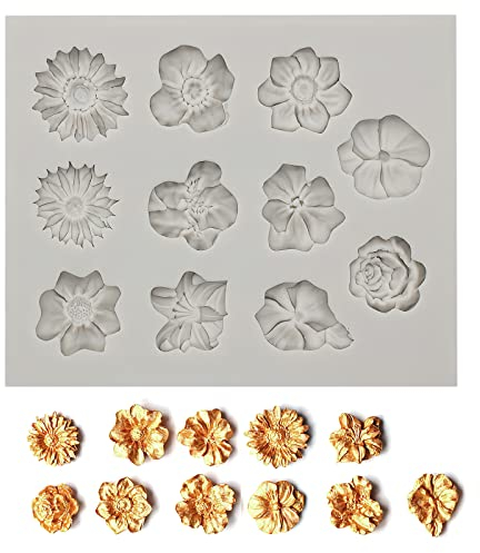 TNSLAND Molde de silicona de grado alimenticio, molde de flores para tartas, molde reutilizable, molde de rosa para pudin, 11 cavidades de flores, bandeja para hornear antiadherente, molde especial