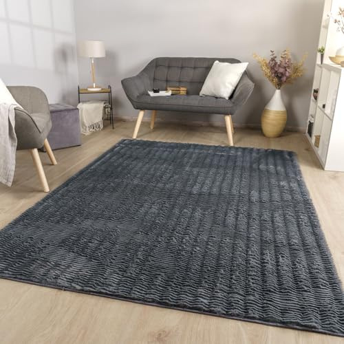 TT Home Wohnzimmer Teppich Esszimmer Langflor Skandi Optik Geometrisch 3D Unifarben, Farbe:Dunkelgrau Anthrazit, Größe:120x160 cm