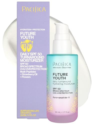 Pacifica Peptide Face Moisturizer Future Youth Daily Turnaround Hydrating, SPF 50 Broad Spectrum, UVA/UVB Sun Protection, Sunscreen, Face Moisturizer, Anti-Aging, Vegan, 1.7 fl oz (1 Count)