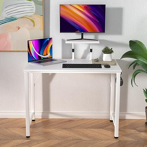 Rcynview Escritorio Ordenador con Soporte Monitor +1 Gancho, Mesa Ordenador Portatil Madera, Escritorios con Patas Metálicas Estables, 80x40cm Mesa Gaming para Oficina Despacho y Sala de Estar,Blanco