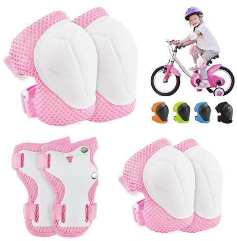 Kinder Schutzausrüstung Set Knieschützer,Kinder Knieschützer, Protektoren Kinder,mit Handgelenkschützern und Ellenbogenschoner,6 in 1 für ,Skateboard,Inlineskates,Hoverboard,Fahrrad(Rosa Weiß)