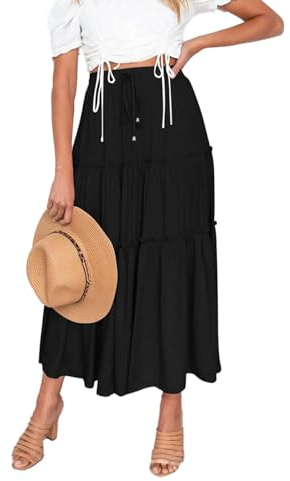 EMOTTOS Damen Maxirock Langer Rock, Boho Plisseerock Maxi Skirt Hohe Taille Faltenrock Elastische Taille mit Kordelzug, Hippie Rock Lang Rüschensaum Renaissance A-Linie Sommerrock Elegant, Schwarz XL