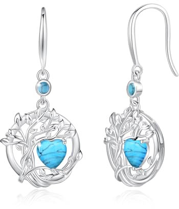 FANCIME Lebensbaum Türkis Ohrringe für Damen 925 Sterling Silber Baum des Lebens Ohrstecker Hängende Schmuck Geschenke für Damen Frauen Mädchen