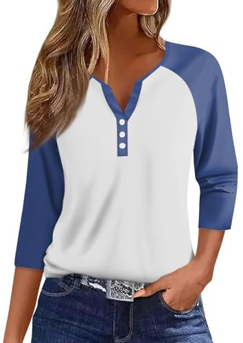 SCBFDI T Shirt Manica 3/4 Donna Cotone Maglie Donna Curvy T Shirt Cotone Maglietta Rosa Donna T-Shirt Donna Bianca Blusa Estiva Donna Camicia Rosa Cipria Blusa Donna Elegante Curvy Blu S