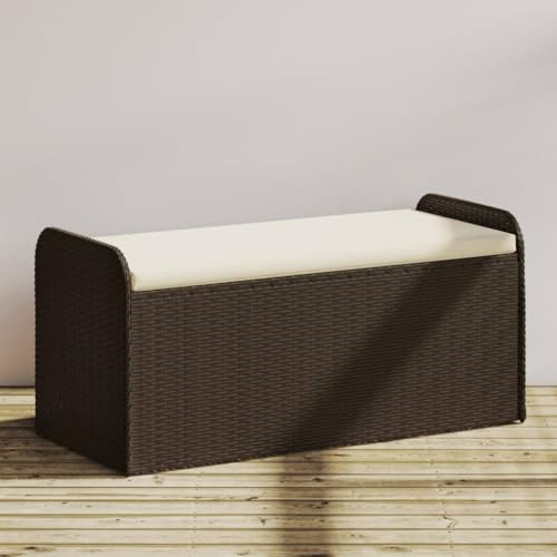 Homgoday Bench with storage space & cushions brown 115x51x52 cm poly rattan