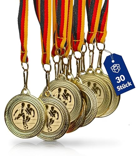 Pokal-Fabrik - Fußball-Medaillen 30er Set Metall - Fussballmedaille golden zum Umhängen für Siegerehrungen - Medaillen Kinder mit Deutschlandband & Emblem für Vereine & Turniere