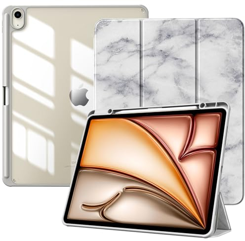 TiMOVO Hülle für New iPad Air 13 Zoll (M3/M2-2025/2024), Schutzhülle mit Stifthalter, Schlank Ständer Schutzhülle mit Klarer Transparent Rückseite für iPad air 13, Auto Schlaf/Aufwach, Weiß Marmor