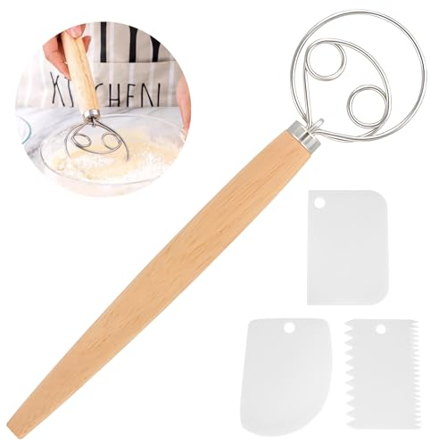 13Inch Danish Dough Whisk, 33cm Home Made Hand Dough Mixer, Bread Whisk Dough Scraper, Stainless Steel Ring & Wooden Handle for Pastry, Cake, Dessert, Sourdough, Pizza, Silver