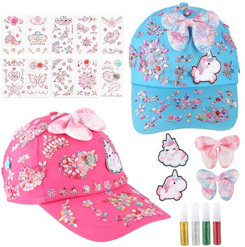 JIANGZHIB Geschenke für Mädchen 2 Stück DIY Baseballkappe, Cap Basteln Mädchen, Mit Glitzer Edelstein Aufklebern und Einhorn Schulanfang Geburtstag Geschenk Cap Mädchen 4 5 6 7 8 9 10 11 12 Jahre