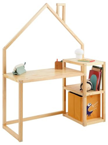 Kinderschreibtisch NIVIA Hausform Natur mit Regal Stauraum gefertigt aus Kiefer Massiv. Stabil langlebig perfekt für Kinderzimmer. Montessori-Möbel ideal für Hausaufgaben oder Bastelarbeiten.