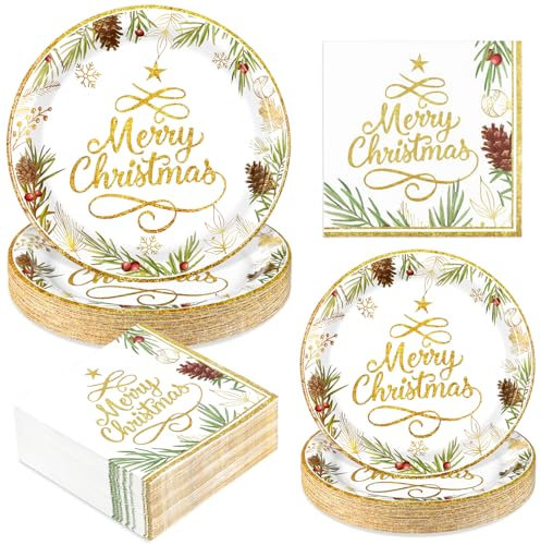 Homlouue Christmas Paper Plates and Napkins, Christmas Tree Gold Plates and Napkins Disposable, Christmas Dinner Plates for Christmas Xmas Holiday Winter Dinner, Merry Christmas Plates for Party