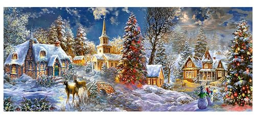 DCIDBEI Peinture Diamant Paysage d'Hiver 110x50 cm Bonhomme de Neige de Noël Maisons de Campagne