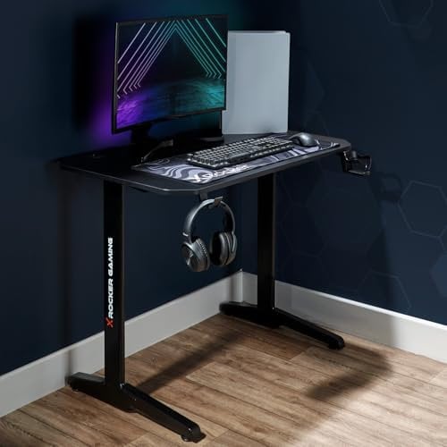 X-Rocker Panther Gaming Desk 100 x 60 cm PC Computer Desk Computer Table PC Gaming Table Carbon Fibre Gamer Desk for Home Office with Cup Holder & Headphone Hook, FREE Mousepad - BLACK