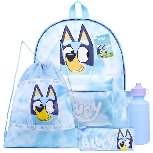 Bluey Mochilas Escolares Set de Mochila Escolar Guarderia 4 Piezas con Botella Agua Estuche Escolar Bolso Deporte o Bolsa Almuerzo Tie Dye