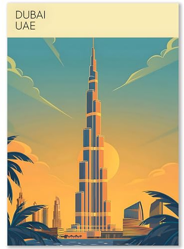 Happymotive Städteposter | Dubai Retro Poster Vintage | Schlafzimmer Deko Bild im Hochformat | Bilder Wohnzimmer | Kunstdrucke in DIN A2, DIN A3, DIN A4 300g Papier ohne Rahmen