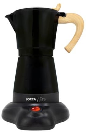 JOCCA, Cafetera Italiana Eléctrica de Aluminio, 6 Tazas, Cafetera Portátil y Manual con Mango de Madera, Negra, Máquina de Café Estilo Moka