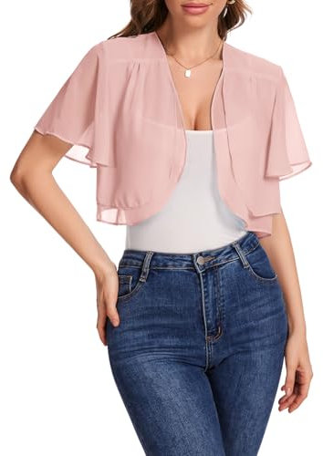 Bbonlinedress Bolero Damen festlich rosa Chiffon elegant Kurzarm Casual Sommer Bolerojacke Offene Vorderseite Schulterjacke Pink XL