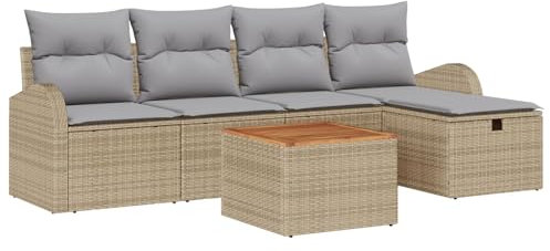 vidaXL Garten-Sofa-Set mit Kissen mit Speicher 6 pcs Beige Poly Rattan, Garten Lounge Set, modernes Möbel, verstellbare Füße Sofa, Terrassenmöbel, modulares Komfort-Suite für die Familie