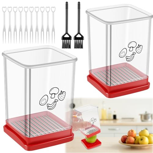 2Pcs Cup Slicer Cutter Portable Slicing Tool with Cleaning Brush Stainless Steel Handheld Strawberry Fruit Cup Cutters Detachable Fruit Cutter with Push Plate for Vegetable Salad Kitchen Gadget