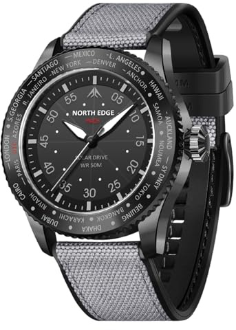 plplaaoo North Edge Mach Pilot Solar Powered Watch für Männer 50 m wasserdichte Chronographen Nachtsicht mit bis zu 180 Tagen Legierung Edelstahl Hülle TPR Nylonriemen