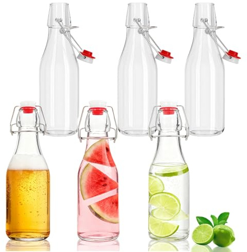 Siocok 6 PCS 250ml Glass Bottles with Stoppers, Clip Top Preserve Bottles Clear Glass Bottless with Airtight Stoppers, for Homebrewing, Beverages, Kombucha, Wine, Vinegar and Oil (250ml - 6Pack)
