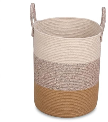 Großer Wäschekorb aus Baumwollseil, 63L Kapazität, 50 x 40 cm, Weiß-Beige mit Ledergriffen (BZK)