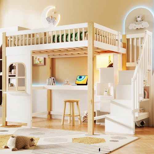Merax Kinderbett 140x200 cm Hochbett mit Schreibtisch, Multifunktionales Holzbett mit LED-Beleuchtung, Steckdose, Ablageleiter und offenem Staufach, Fensterform, Kiefernholz, ohne Matratze, Weiß+Natur