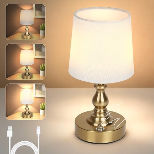 AUAUY Tischlampe Kabellos, Wiederaufladbar Tischlampe 5200mAh Akku, Gold | 3 Helligkeitsstufen, Tragbarer Lampenschirm mit Stoffbezug, Touch Tischlampen für Nachttisch Esszimmer Wohnzimmer Deko