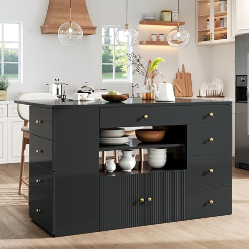 Huayz Isla de cocina con encimera, armario estable, taburetes con ruedas, armario de cocina con 6 cajones y taburetes, armario multifunción con cajón, ajustable 140 x 40 (70) x 89 cm (negro)