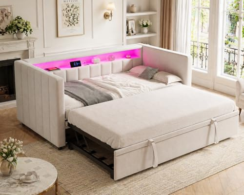 Mobscot Extendable Schlafsofa 100/192x200x73cm, Sofa Bed mit ausziehbarem Bett, USB Anschluss, LED-Ambiente, Samtbezug & Stauraum, Polsterbett für Wohnzimmer, Gästezimmer oder Jugendzimmer