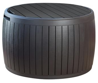 Keter Circa 3-in-1 Outdoor Resin Ottoman Deck Storage Box with 37-Gallon Storage, All-Weather, Easy Assembly, Stylish Patio Table and Seat, Brown