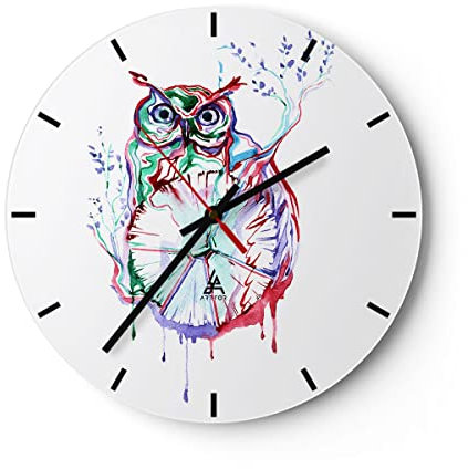 Modern Wanduhr Eule intelligent Geschöpf Kinder 30x30cm Rund Klein Wand Uhr Glas Analog Zimmeruhren Küche Büro Wohnzimmer Glasuhr Wall Clock Dekoration Design Wanddekoration Küchenuhr C3AR30x30-2984