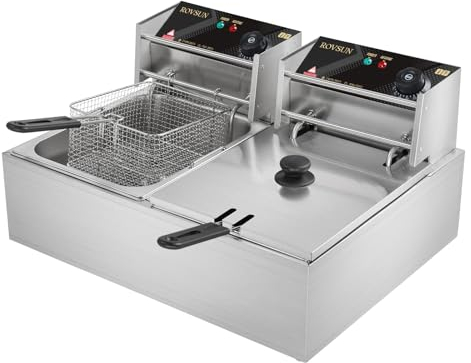 OLYM STORE Freidora eléctrica de 12 L para encimera, 5000 W, máquina de freír de cocina de doble depósito, freidora francesa de acero inoxidable con cestas
