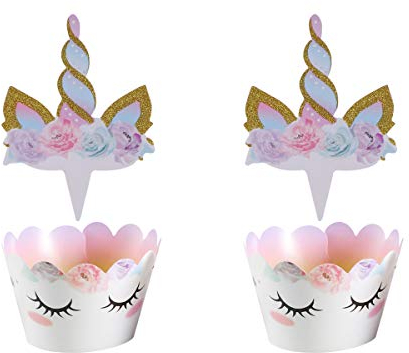 Amosfun - Topper per Torta a Forma di Unicorno e pirottini per Cupcake, Muffin, Dessert, Torta, Decorazioni per Baby Shower, Ragazze, Feste di Compleanno, 24 Pezzi