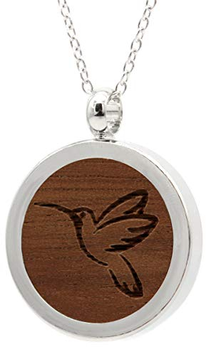 NaturSchatulle Kette mit Anhänger Holz Gravur Kolibri Halskette Holzanhänger Medaillon Silber 925 Damen Kettenanhänger Amulett Holzschmuck Charms 50cm
