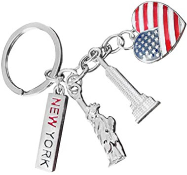 Amosfun Jour de l'indépendance américaine Porte-clés USA Drapeau Coeur Porte-clés En Métal Statue de la Liberté New York Lettre Pendentif Cadeaux