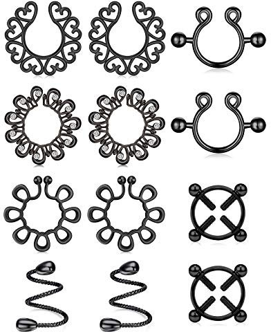 AceFun Edelstahl nippelschmuck ohne Piercing schwarz Nippel Ringe 6 Paare nippel Piercing Fake brustwarzenpiercing Fake Body Piercing Schmuck für Frauen Männer