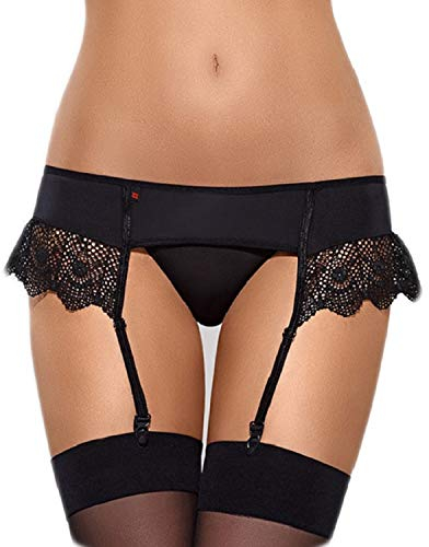 Selente Love & Fun zarter Damen-Strumpfgürtel mit feinem Tanga als verführerisches Dessous-Set in toller Geschenkbox (S/M, Schwarz-Flügel)