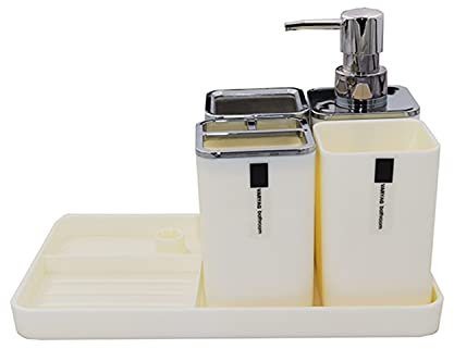 London Boutique Bathroom Accessory 5 Pieces Set Bath Set Toothbrush Holder, Tumbler, Soap Dispenser, Cotton Box and Organise Tray with Soap Dish (White)