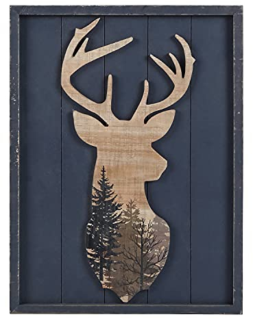 NIKKY HOME Hütte Wanddekoration, dekoratives Hirschholz gerahmt Wald Berg Wald Wildlife Lodge Elch Tier Bild Kunstdruck Badezimmer Dekor, 30,5 x 40,6 cm