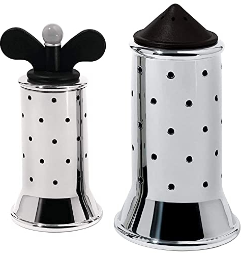 Alessi 9098 B - Design Pfeffermühle mit Rippen, Edelstahl und Thermoplastisches Harz, Schwarz & Salzstreuer aus Edelstahl mit Deckel und Verschluss aus PA, schwarz