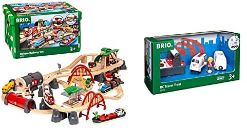 BRIO World 33052 Straßen & Schienen Bahn Set Deluxe – Straßen & Schienen Eisenbahn & World 33510 IR Express Reisezug – Elektrische Lokomotive mit Fernsteuerung – Zubehör World