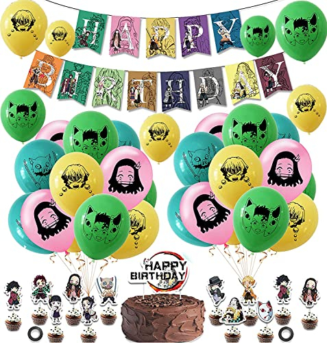 Geburtstag Dekoration Demon Slayer Luftballons Geburtstag Banner Demon Slayer Deko Kuchen Anime Party Set für Kindergeburtstag