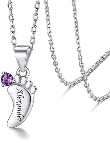 Cadeau Maman Fêtes des Mères Collier Prenom des Enfants Personnalisé Pendentif Pied de Bebe Femme Argent 925 Chaine Gravure Rolo 45cm Pierre de Naissance Bijou Noel Anniversaire Mariage Valentin